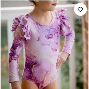 Cheeky Plum Farrah Amethyst Marble Ruffle Long Sleeve Leotard Girls Size 6Y